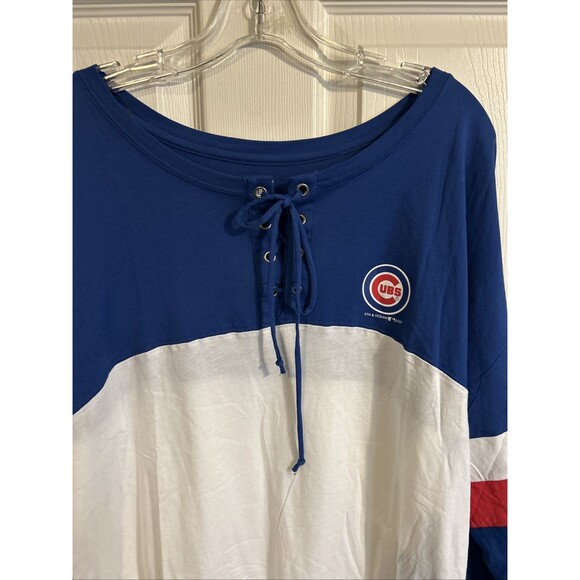 Chicago Cubs Shirt Blue White  lace up Long Sleeve New Era Size Large Womens - Picture 5 of 13